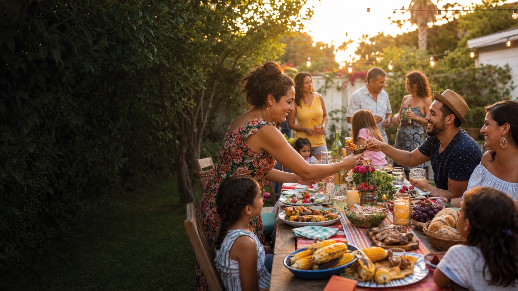 Backyard gathering with food and friends